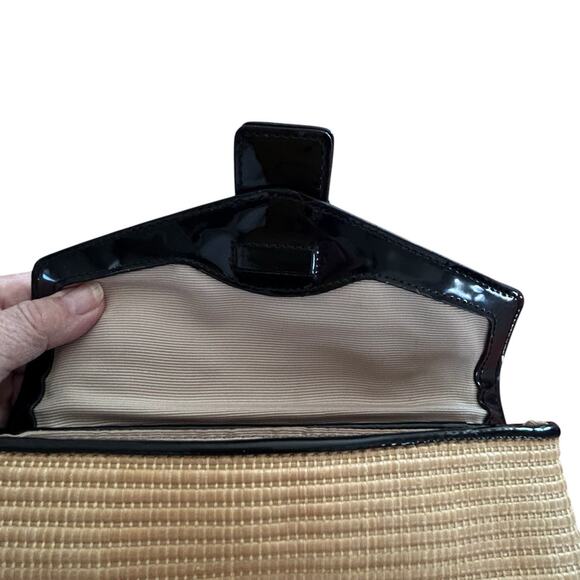 Ann Taylor Wicker Almond/Black Patent Leather Clutch With Silver Buckle Size OS - Picture 7 of 10